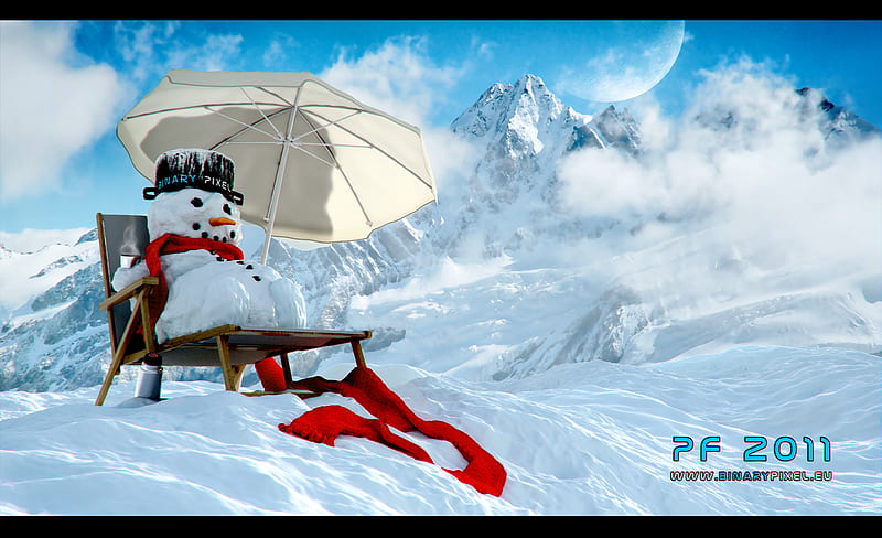 Happy Holidays!, red, holidays, umbrella, abstract, sky, snowman, clouds, winter, snow, beauty, 2011, chair, popular, white, blue, north pole, HD wallpaper