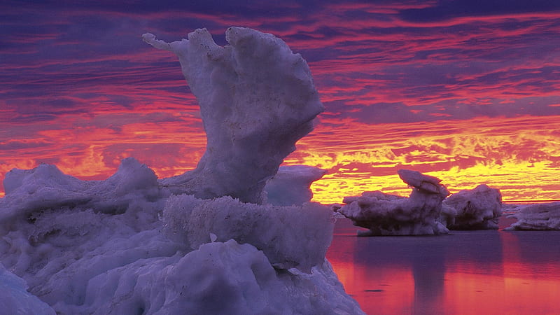 Ice Flowers on Hudson Bay, Churchill, Manitoba, colors, sunset, reflections, sky, sea, HD wallpaper