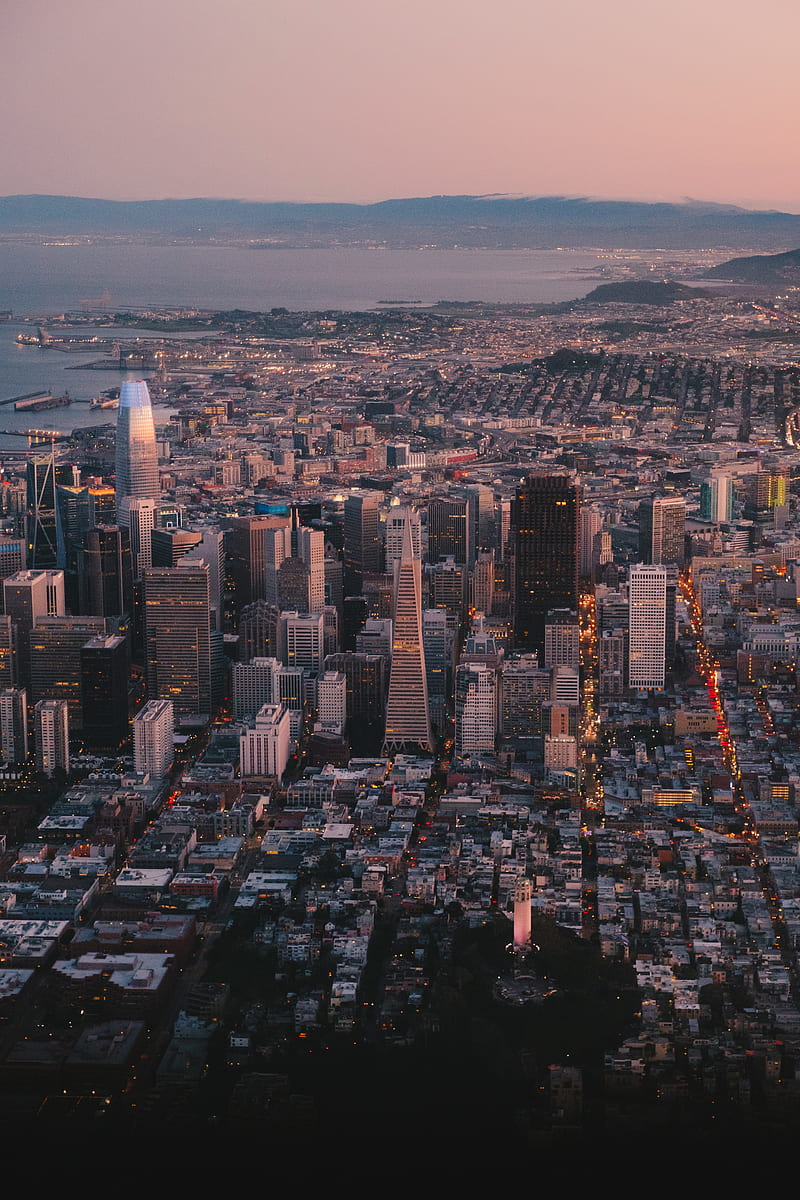 City, aerial view, buildings, twilight, cityscape, HD phone wallpaper ...