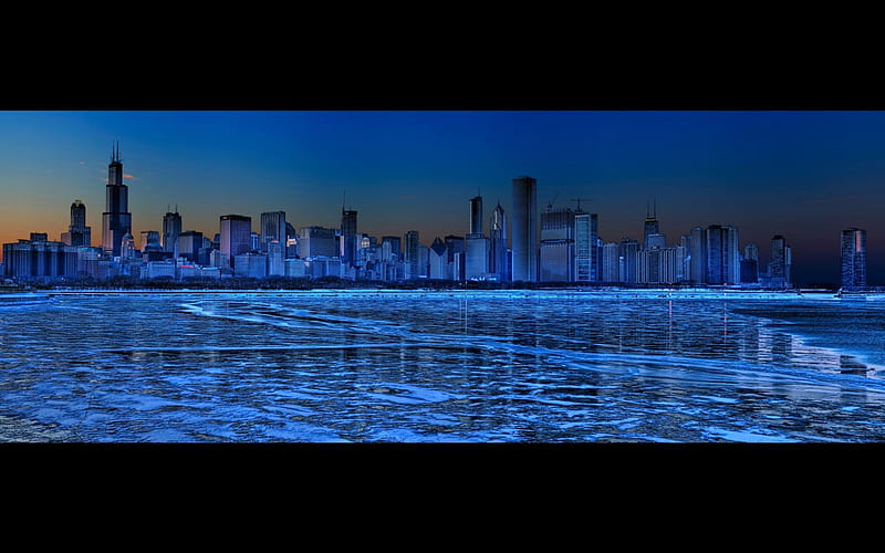 CHICAGO AT NIGHT PANORAMA, lake, lights, panorama, skyscrapers, graphy, illinois, city, chicago, skyline, nights, HD wallpaper