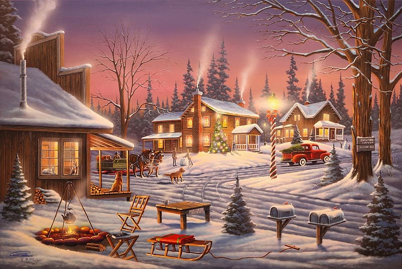 Holiday Festivities, trees, campfire, chrostmas, houses, winter, car, dogs, artwork, horses, sleigh, painting, snow, HD wallpaper