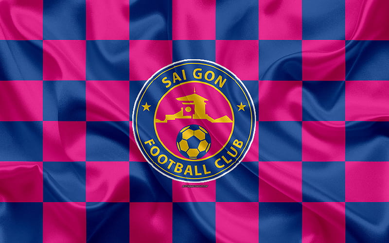 Sai Gon FC logo, creative art, pink blue checkered flag, Vietnamese football club, V League 1, emblem, silk texture, Ho Chi Minh City, Vietnam, HD wallpaper