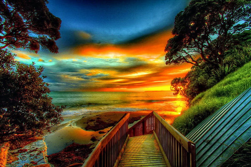 Mango sunrise, glow, sun, orange, stairs, bonito, sunset, clouds, sea, sundown, nice, bright, sunrise, reflection, light, amazing, lovely, ocean, place, sky, trees, water, mango, sunshine, nature, steps, HD wallpaper