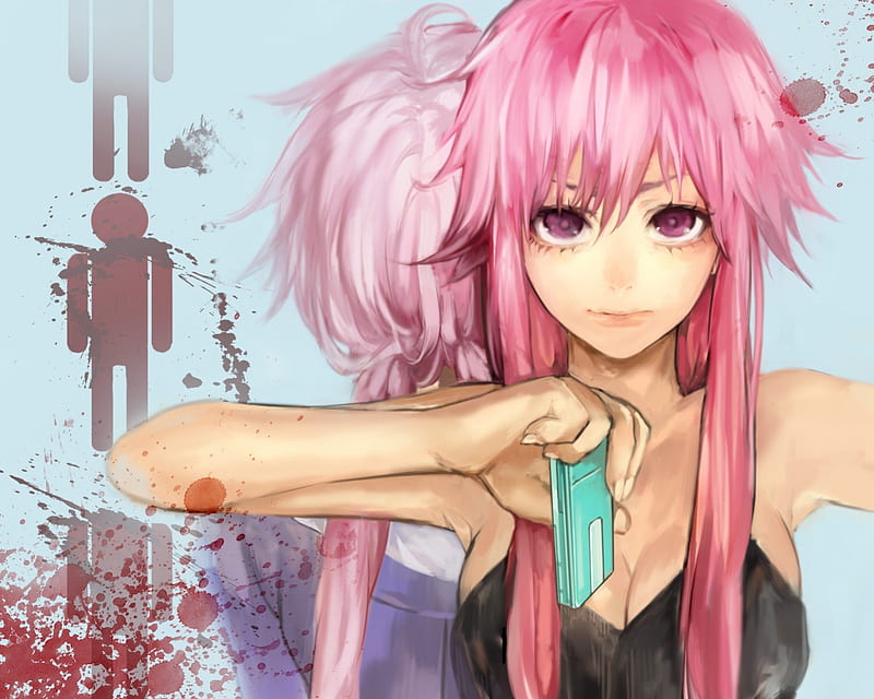 blood blush gasai yuno jackiexp long hair mirai nikki pink eyes pink hair  ribbons twintails weapon