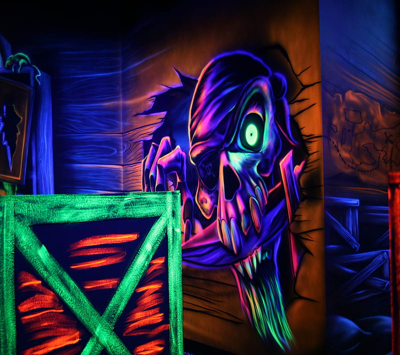 Pirates Den, black light, box, colour, pirate, skull, sword, HD wallpaper