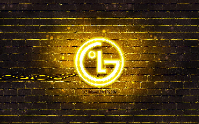 LG yellow logo yellow brickwall, LG logo, brands, LG neon logo, LG, HD wallpaper