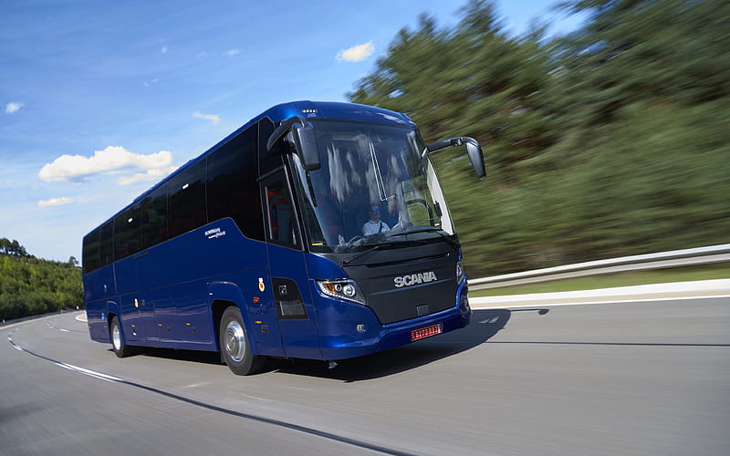 Scania Touring, road, 2018 buses, blue bus, passenger transport, Scania, HD wallpaper
