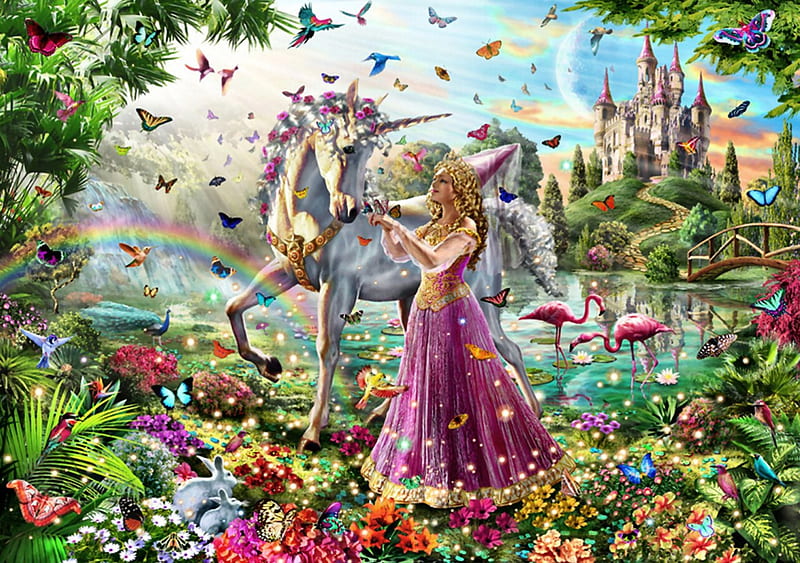 Unicorn Paradise F+Cmp, art, unicorn, equine, artwork, fantasy, painting, wide screen, castle, princess, HD wallpaper