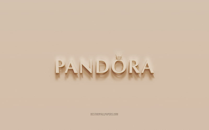 Pandora logo, brown plaster background, Pandora 3d logo, brands, Pandora emblem, 3d art, Pandora, HD wallpaper