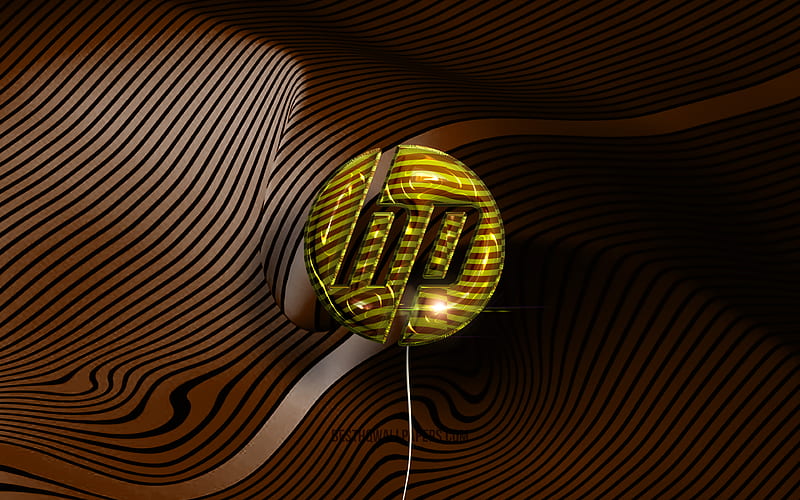 Hewlett-Packard logo HP 3D logo, golden realistic balloons, HP logo, Hewlett-Packard, brown wavy backgrounds, HP, HD wallpaper