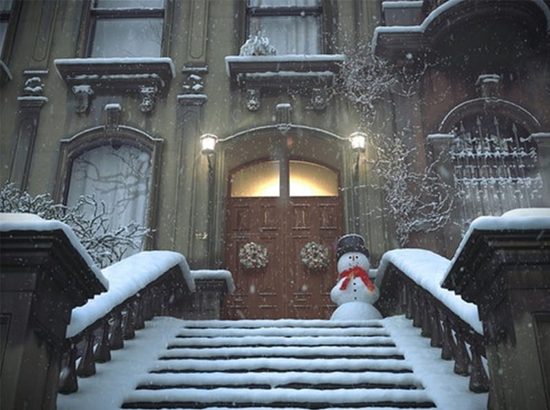 snow entry, holidays, house, snow, decorations, stairs, snowman, entry, HD wallpaper