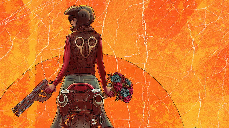 Biker Girl With Gun And Roses, biker, artist, artwork, digital-art, artstation, HD wallpaper