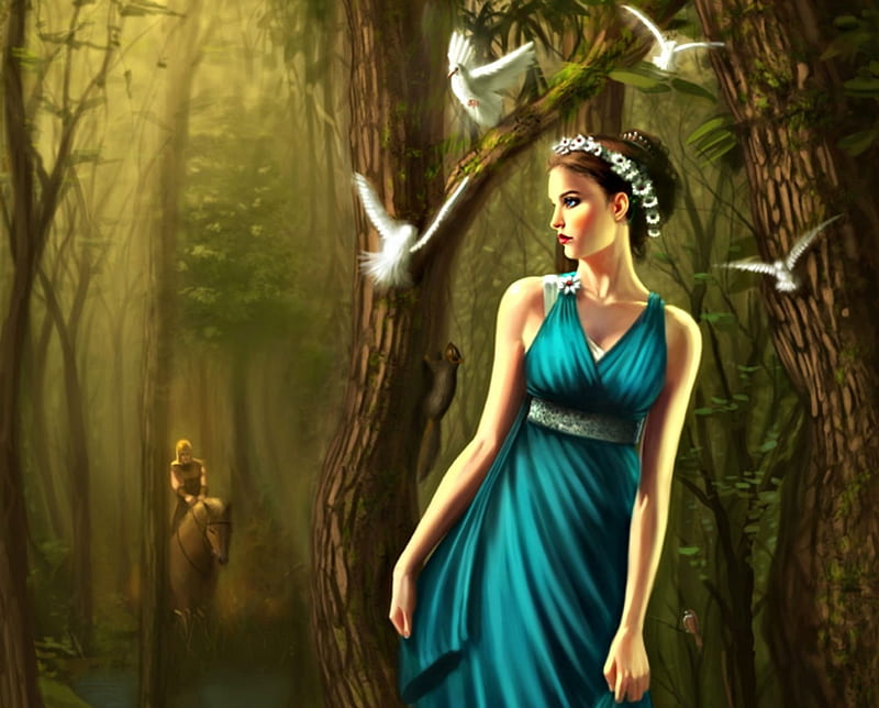 Persephone, forest, art, goddess, woods, man, george patsouras, horse, woman, blue dress, fantasy, girl, bird, dove, white, HD wallpaper