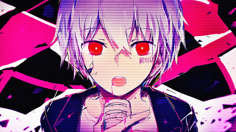 anime boy, glitch, red eyes, face portrait, short hair, Anime, HD wallpaper