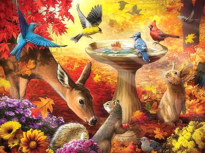 Autumn Birdbath, colorful, rabbit, autumn, birdbath, love four seasons, birds, attractions in dreams, deer, leaves, paintings, flowers, nature, fall seasons, animals, HD wallpaper