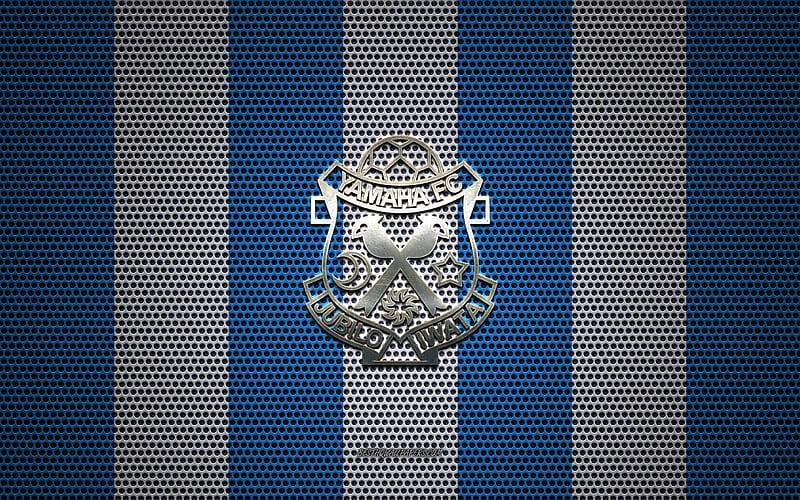 Jubilo Iwata logo, Japanese football club, metal emblem, blue white metal mesh background, Jubilo Iwata, J1 League, Iwata, japan, football, Japan Professional Football League, HD wallpaper