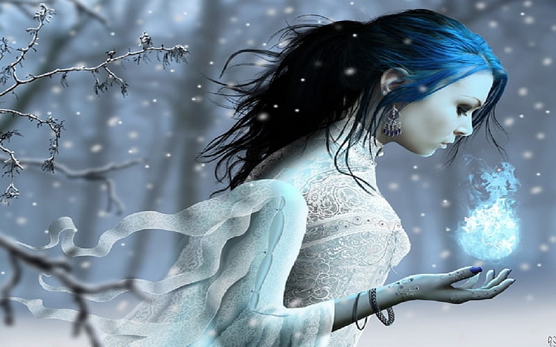 Winter Goddess, goddess, bonito, magic, woman, winter, fantasy, girl, snow, snowflakes, magical, beauty, lady, princess, blue, HD wallpaper