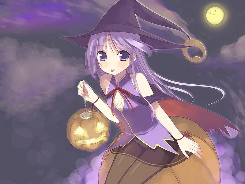 halloween witch, witch, cute girl, purple hair, magic, clouds, hat, cute, fly, moon, girl, anime, flying, anime girl, purple eyes, pumkin, night, HD wallpaper