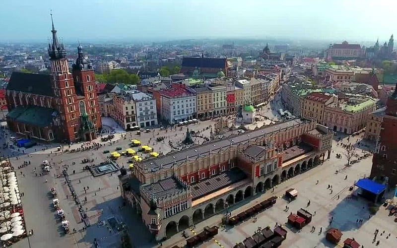 Krakow, Poland, cityscape, houses, Poland, Krakow, church, market, HD wallpaper