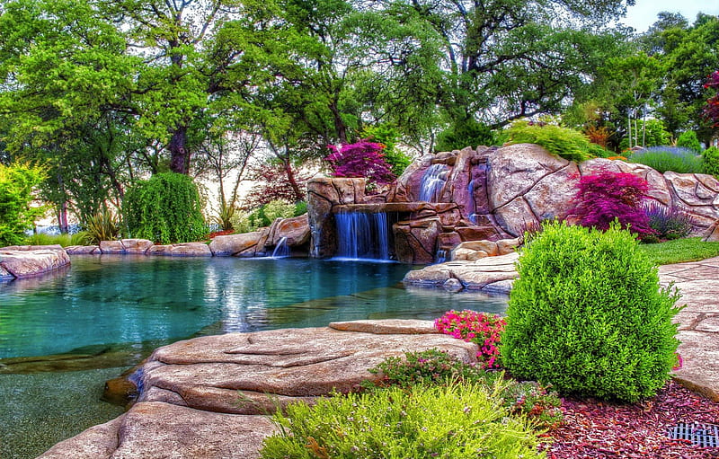 Beautiful place, stream, fall, rocks, pretty, colorful, falling, bonito, nice, calm, stones, waterfall, flowers, quiet, lovely, relax, place, spring, park, trees, pool, summer, garden, nature, branches, HD wallpaper