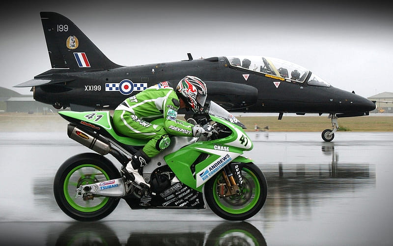 speed, black, motorcycle, runway, aircraft, fly, plane, green, rider, militarty, ride, bike, fast, HD wallpaper
