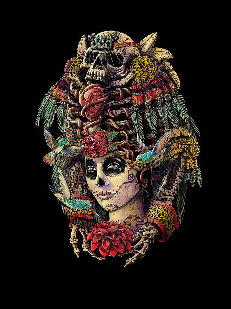 Day Of The Dead, ancient girl, background, black, dark, dead, skull, witch, HD phone wallpaper