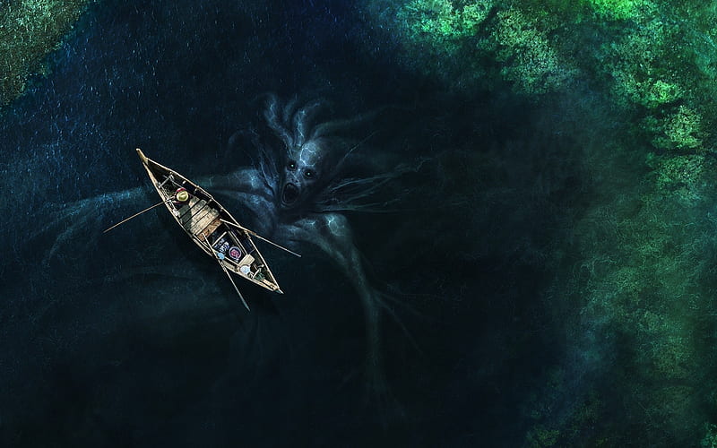 Sea monstern, view from the top, luminos, vara, fantasy, water, boat, summer, sea monster, creature, blue, HD wallpaper