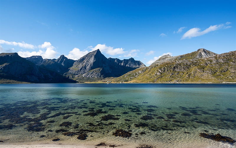 mountain landscape, morning, spring, mountain lake, Norway, Nordland, HD wallpaper