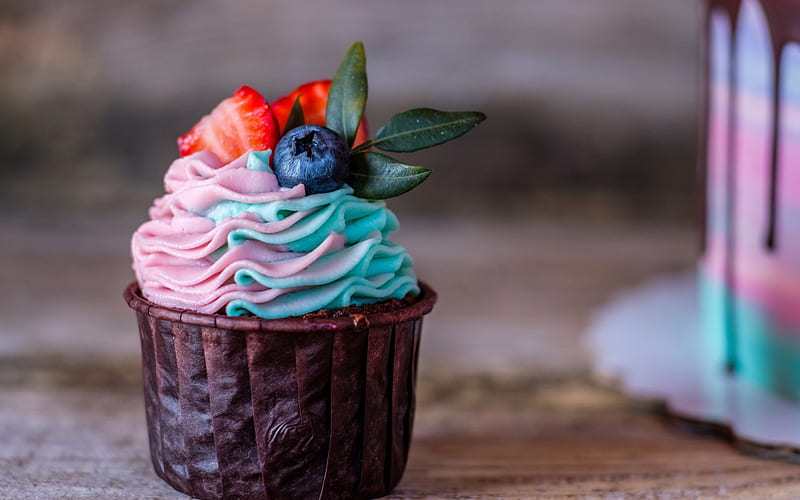 cupcake, pink blue cream, pastry, dessert, sweet, cakes, HD wallpaper