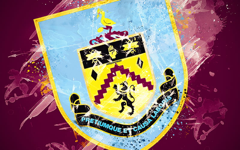 Burnley FC paint art, logo, creative, English football team, Premier League, emblem, burgundy background, grunge style, Burnley, England, UK, football, HD wallpaper