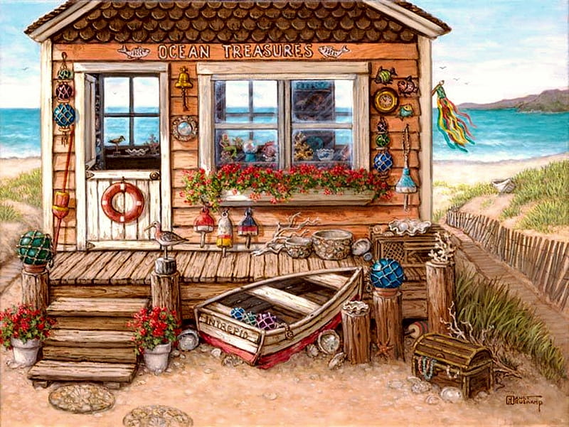 Ocean Treasures, beach, hut, boat, painting, artwork, sea, HD wallpaper