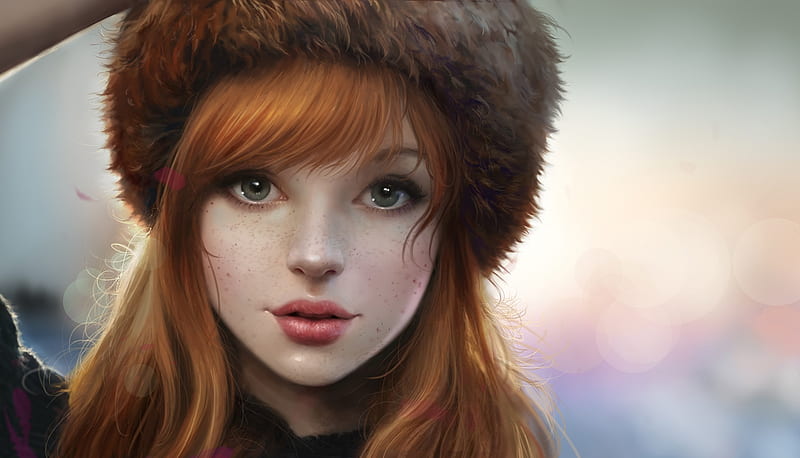 Cute russian, noveland sayson, art, luminos, redhead, winter, hat, fantasy, girl, face, portrait, fur, HD wallpaper
