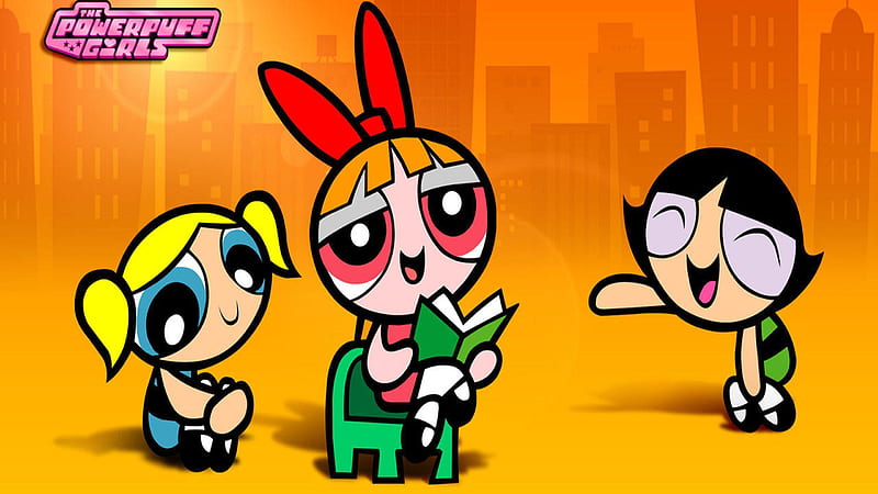 The Powerpuff Girls Blossom Is Reading Near Bubbles and Buttercup In Orange And Yellow Background Anime, HD wallpaper