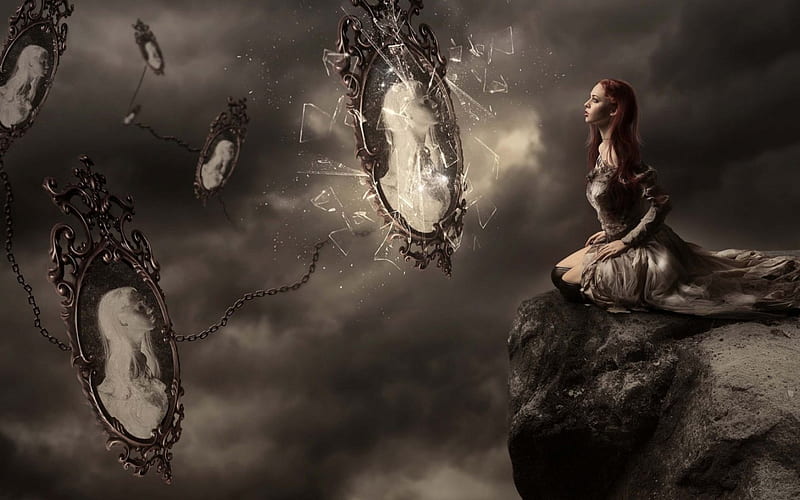 Multiple personality, cloud, rock, redhead, floating, sky, woman, situation, chaine, fantasy, girl, stone, manipulation, dark, mirror, HD wallpaper