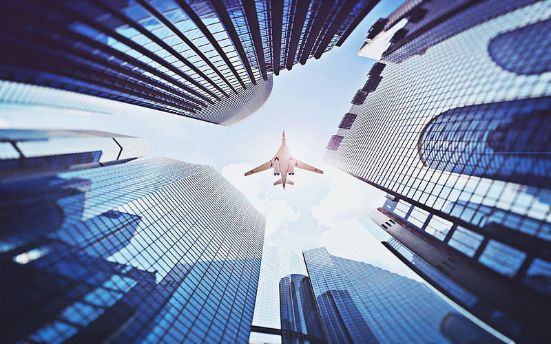 plane over skyscrapers, modern buildings, flying plane, skyscrapers, plane in city, HD wallpaper