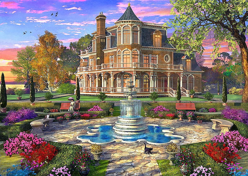 Victorian Mansion Grounds, pond, house, fountain, digital, garden, flowers, trees, artwork, HD wallpaper