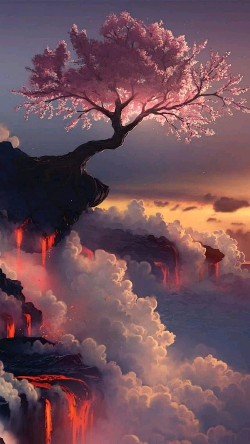 Vulcan Sakura, cherry, blossoms, heaven, tree, japan, lava, HD phone wallpaper