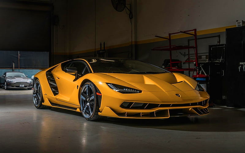 Lamborghini Centenario, 2017 cars, garage, supercars, yellow Centenario, Lamborghini, HD wallpaper
