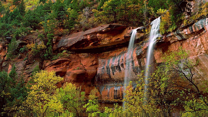 beautiful waterfall in zion national park, rocks, waterfall, layers, trees, HD wallpaper