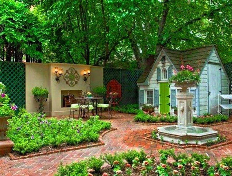 Pretty Courtyard With Tiny House, playhouse, courtyard, house, little, shed, tiny, brick, garden, tool, HD wallpaper