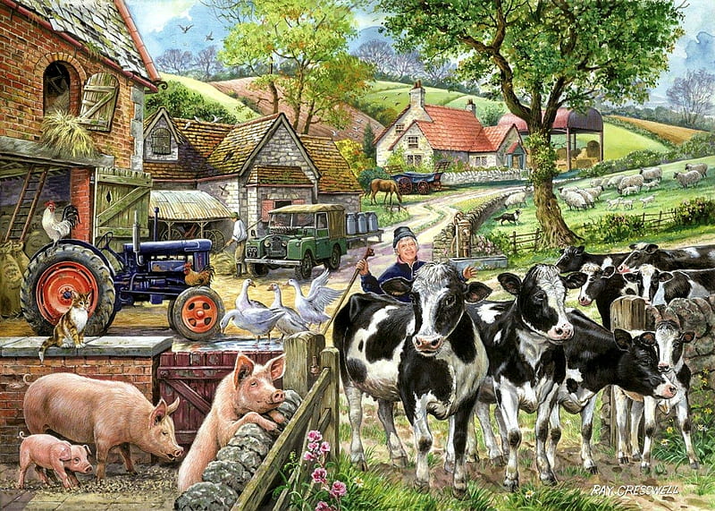 Oak Creek Farm, tree, pigs, tractorhouse, painting, artwork, cows, HD wallpaper