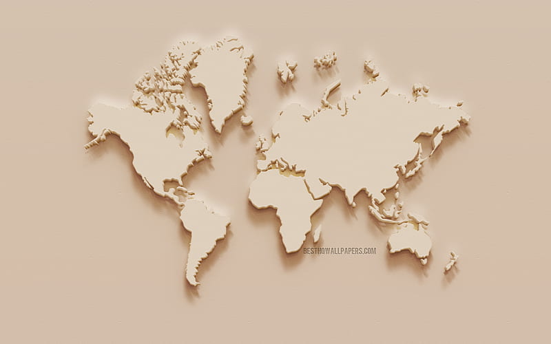 World map, creative art, beige plaster world map, wall texture, world map concepts, 3D map, HD wallpaper