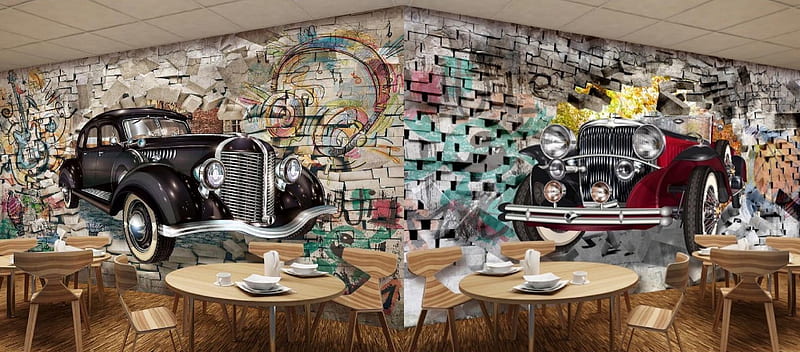 Coffee Bar, mural, tables, bar, collage, wall, coffee, car, painting, chairs, HD wallpaper