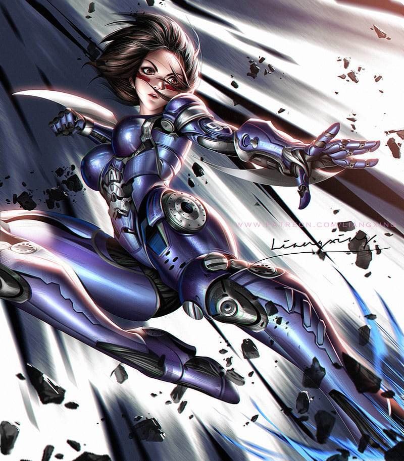 Liang-Xing, drawing, Alita, Alita: Battle Angel, androids, short hair, fighting, low-angle, weapon, blades, face paint, HD phone wallpaper