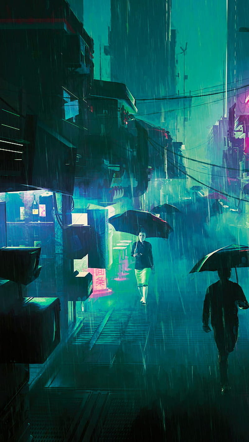 Cyber, 20ponto8, art, blue, future, instagram, neon, pink, rain, robot, HD phone wallpaper