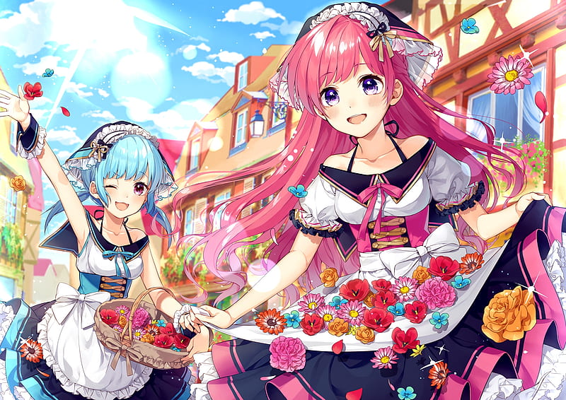 anime girls, colorful flowers, fantasy village, wink, dress, Anime, HD wallpaper