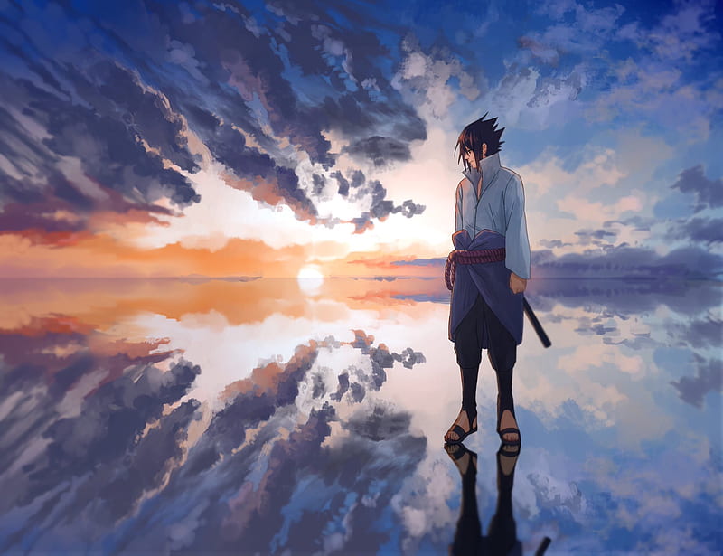 Naruto, Horizon, Reflection, Sasuke Uchiha, Sky, Water, HD wallpaper