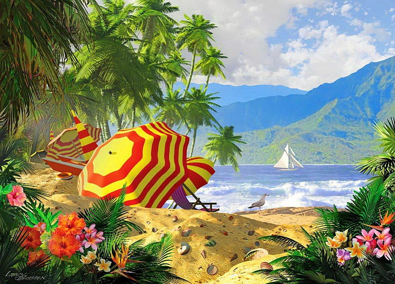 Island getaway, pretty, colorful, sailing, umbrella, bonito, sea, beach, mountain, nice, painting, flowers, river, art, rest, exotic, lovely, relax, trees, bird, summer, island, sailboat, getaway, HD wallpaper