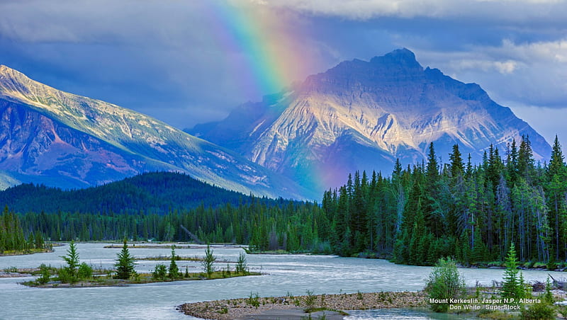 Rainbow over Canadian Mountain Landscape, rainbows, snow, mountains, nature, trees, HD wallpaper