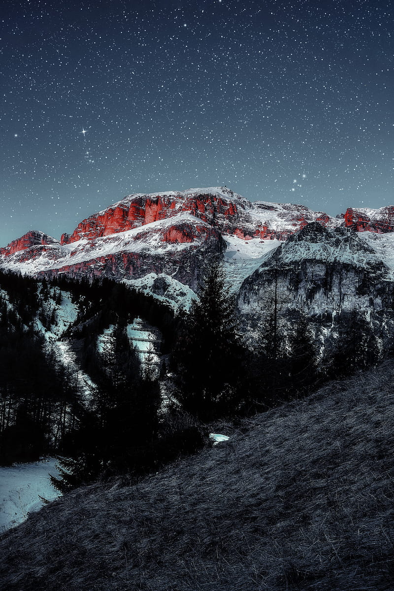 mountains, starry sky, peaks, snow, grass, mountain landscape, HD phone wallpaper